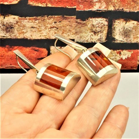 UNIQUE MODERNIST BIG AMBER STERLING DANGLE EARRINGS, GIFT FOR WOMEN - Picture 2 of 11